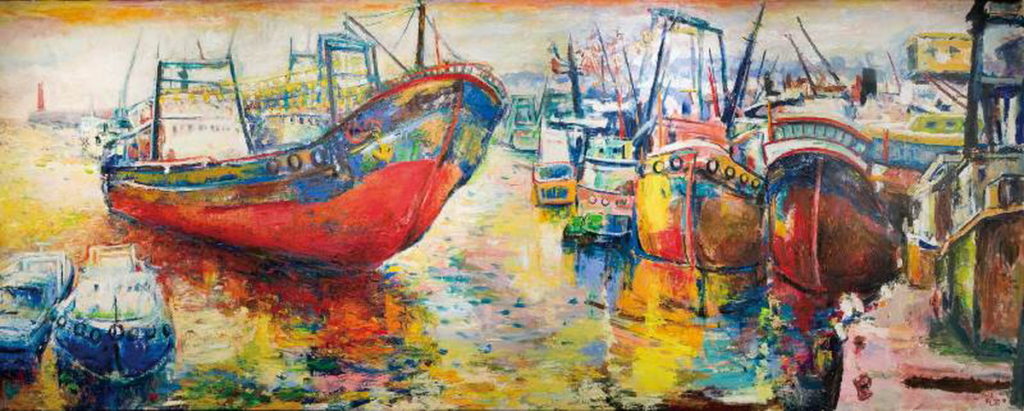 林顯宗〈 回饋─和平島大船入港 〉203x510cm 油彩、畫布 2012